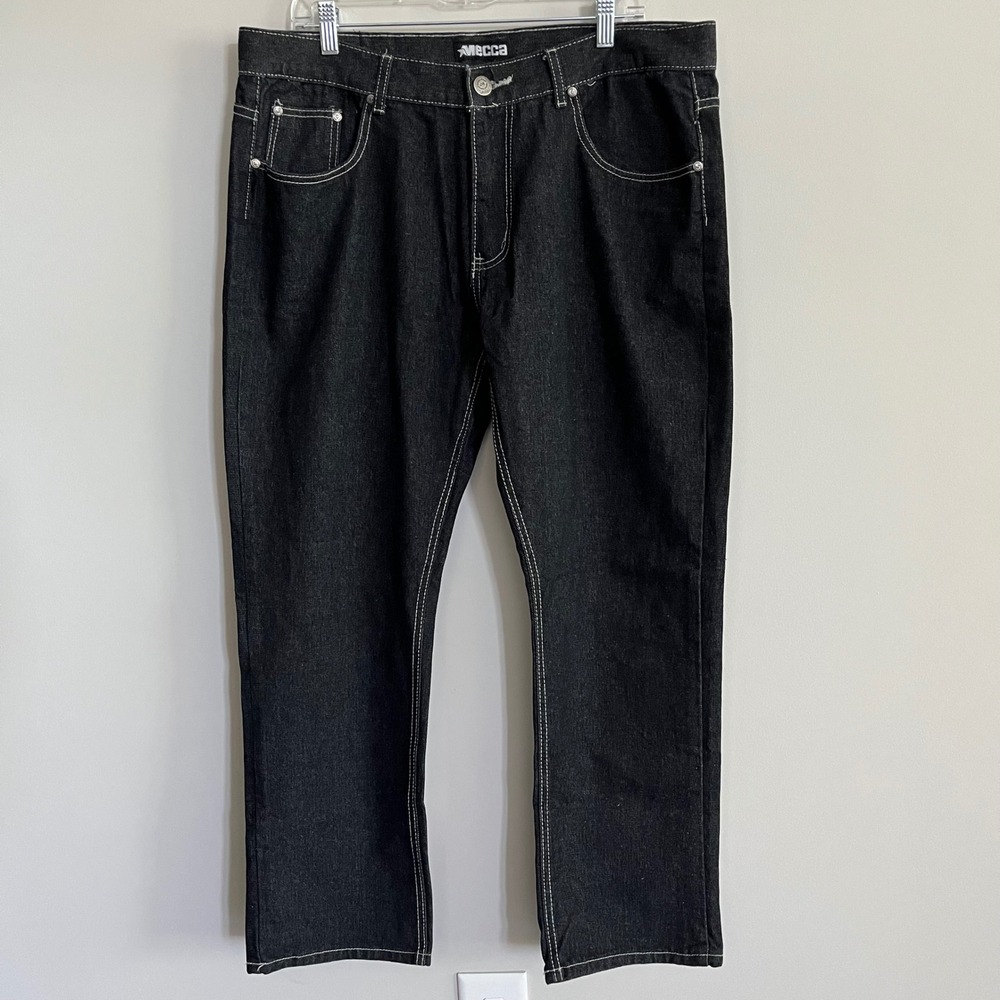 Mecca Mens Black Denim Jeans White Contrast Stitch Streetwear Y2K 40x32